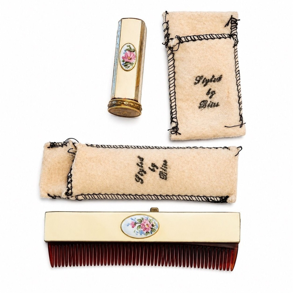 1950s Bliss Brothers Lipstick Tube and Folding Comb Set Floral Gold Tone
